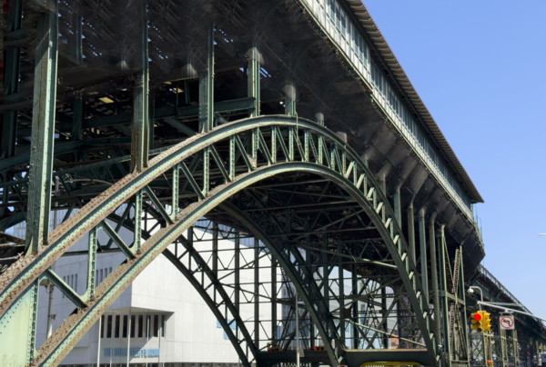 Elevated subway tracks with Lee C. Bullinger Forum in background, Columbia University,