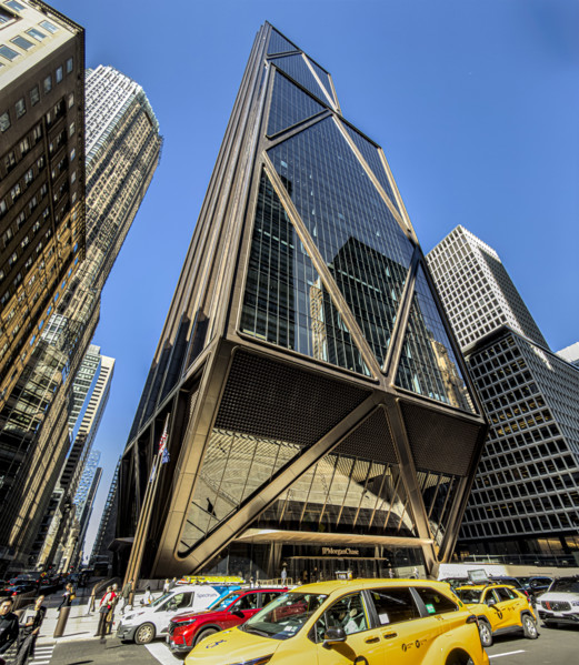 JPMorgan Chase Building, building exterior and street scene, low angle view, 270 Park Avenue,