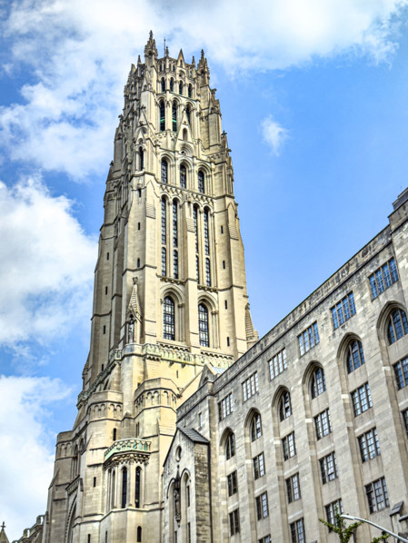Riverside Church, building exterior detail, low angle view of tower, Morningside Heights,