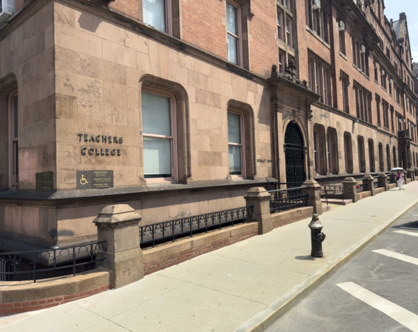 Teachers College, Columbia University, building exterior and sidewalk view, 525 West 120th Street,