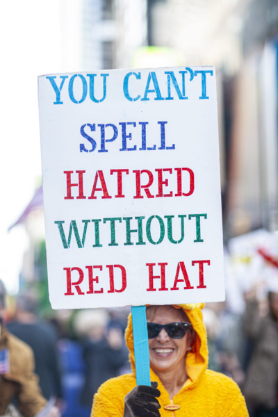 Demonstrators participating in "No Kings" Protest March, Times Square, Manhattan, New York City,