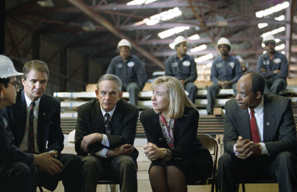U.S. First Lady Hilary Clinton participating in health care costs discussion with Glazer Steel