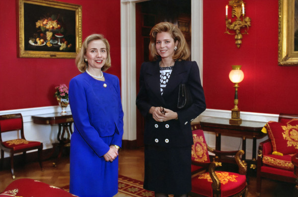 U.S. First Lady with Queen Noor of Jordan, White House, Washington, D.C., USA, Barbara Kinney,