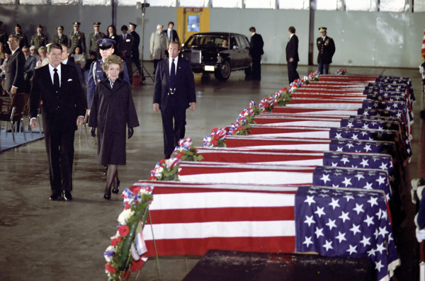 U.S. President Ronald Reagan and Nancy Reagan honoring the victims of the bombing of the U.S.