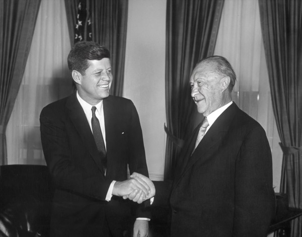 U.S. President John F. Kennedy shaking hands with West German Chancelor Konrad Adenauer in the oval