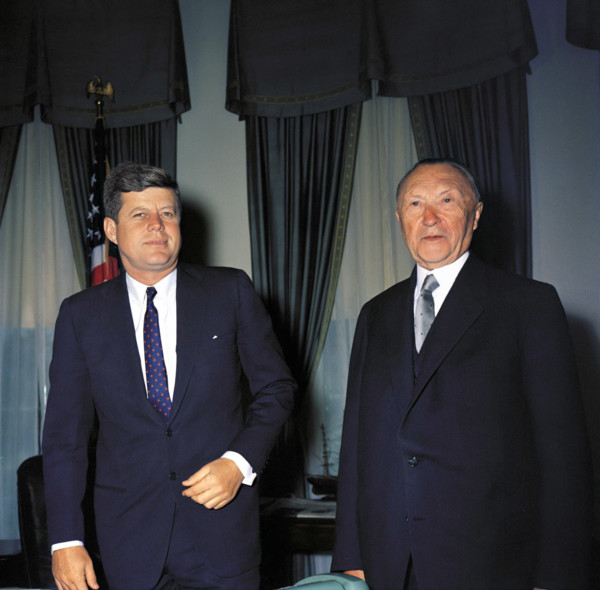 U.S. President John F. Kennedy meeting with West German Chancelor Konrad Adenauer in the oval