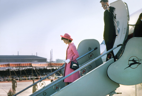 U.S. First Lady Jacqueline Kennedy and U.S. Ambassador to India John Kenneth Galbraith walking down