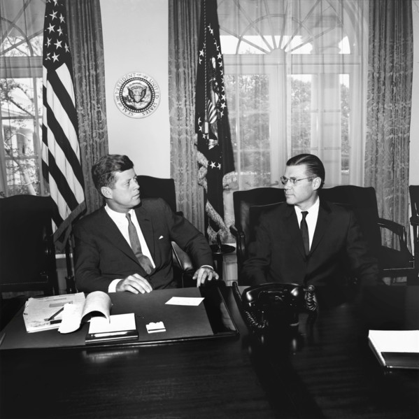 U.S. President John F. Kennedy meeting with U.S. Secretary of Defense Robert S. McNamara in the