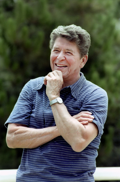 U.S. President Ronald Reagan, half-length portrait at Rancho Del Cielo, Santa Barbara, California,