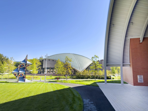 Edward and Joyce Linde Music Building (partial foreground), Kresge Auditorium (background),