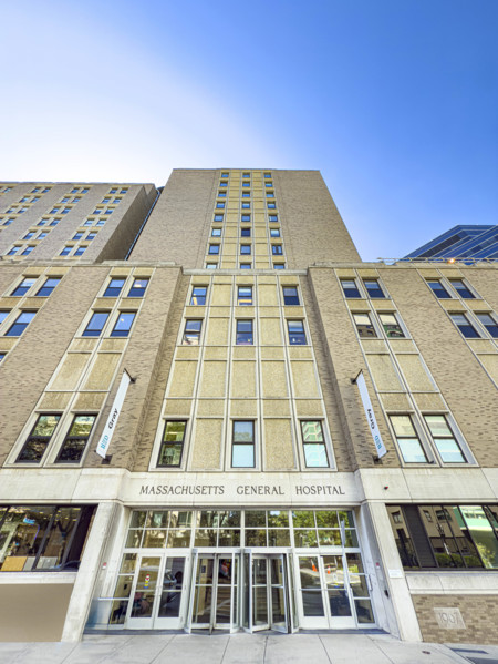 Massachusetts General Hospital, building exterior detail, low angle view, 55 Fruit Street, Boston,