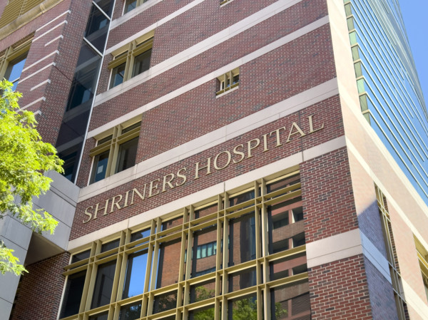 Shriners Children's Boston, building exterior detail, low angle view, 51 Blossom St. Boston,