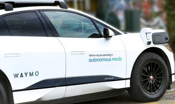 Waymo driverless test car, a Jaguar I-PACE electric vehicle, Meatpacking District, Manhattan, New