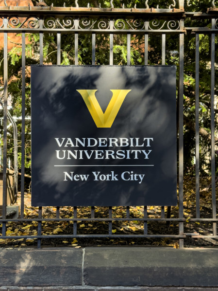Vanderbilt University, New York City campus, sign on wrought iron fence, Chelsea, Manhattan, New