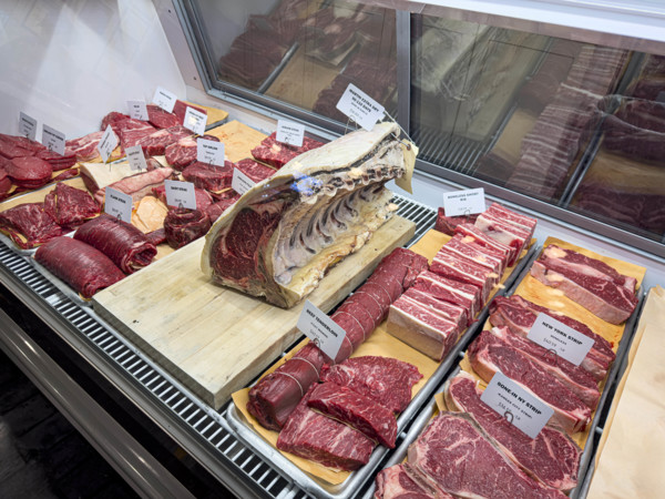 Raw meat display case, Dickson's Farmstand Meats, Chelsea Market, Chelsea, Manhattan, New York