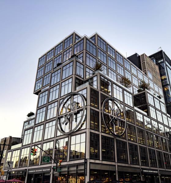 YEXT corporate headquarters, building exterior, low angle view, 61 Ninth Avenue, Chelsea, New York