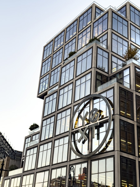YEXT corporate headquarters, building exterior, low angle view, 61 Ninth Avenue, Chelsea, New York