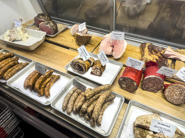 Cured meats display case, Dickson's Farmstand Meats, Chelsea Market, Chelsea, Manhattan, New York
