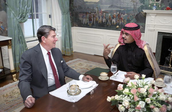 U.S. President Ronald Reagan at private breakfast meeting with Prince Bandar Ibn Sultan Al Saud