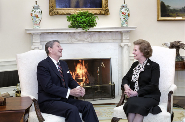 U.S. President Ronald Reagan meeting with British Prime Minister Thatcher in the Oval Office of the