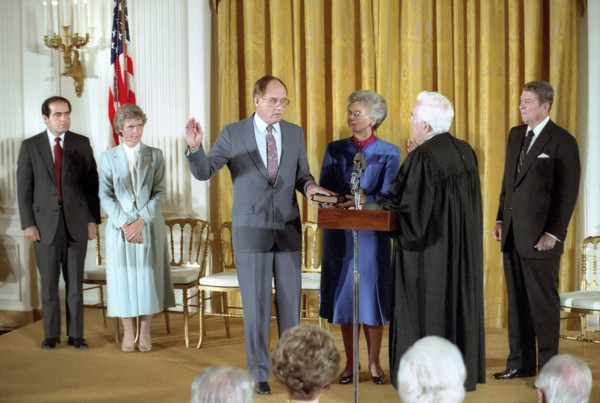 U.S. President Ronald Reagan watching swearing-In ceremony for Chief Justice William Rehnquist by