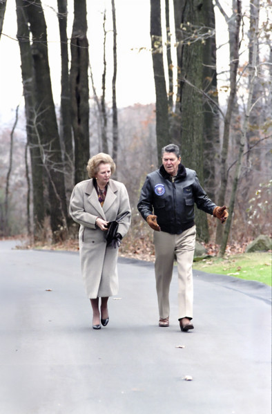 U.S. President Ronald Reagan walking with British Prime Minister Margaret Thatcher at Camp David,