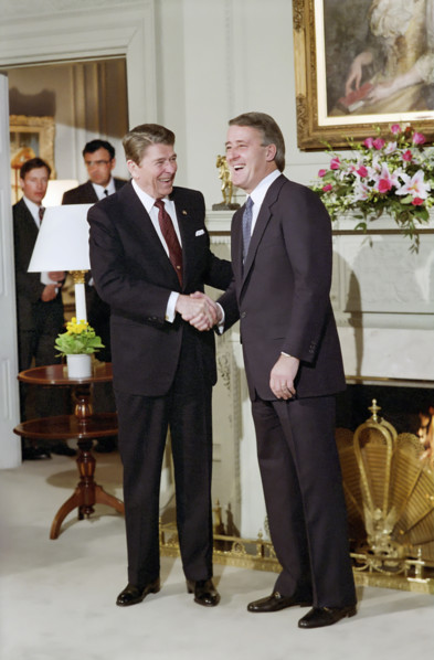 U.S. President Ronald Reagan with Canadian Prime Minister Brian Mulroney at Rideau Hall, Ottawa,