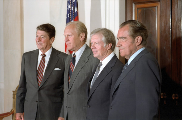 U.S. President Ronald Reagan with former U.S. Presidents Gerald Ford, Jimmy Carter and Richard