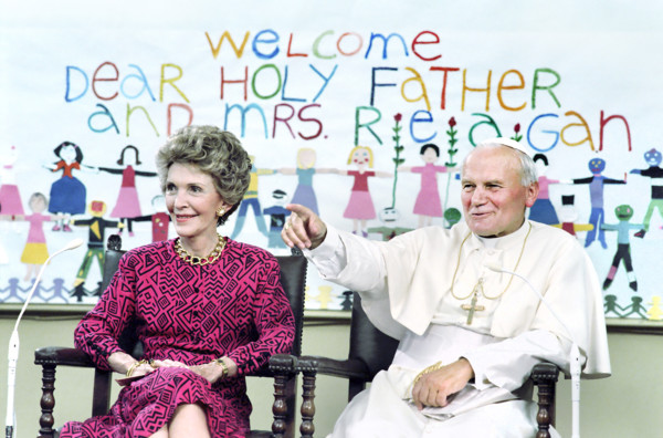 U.S. First Lady Nancy Reagan and Pope John Paul II during visit to Immaculate Conception School,