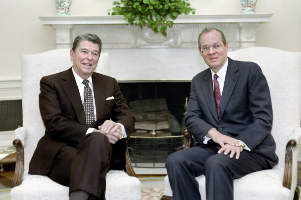 U.S. President Ronald Reagan meeting with Judge Anthony Kennedy in the White House Oval Office,
