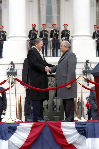 U.S. President Ronald Reagan and Soviet General Secretary Mikhail Gorbachev shaking hands at