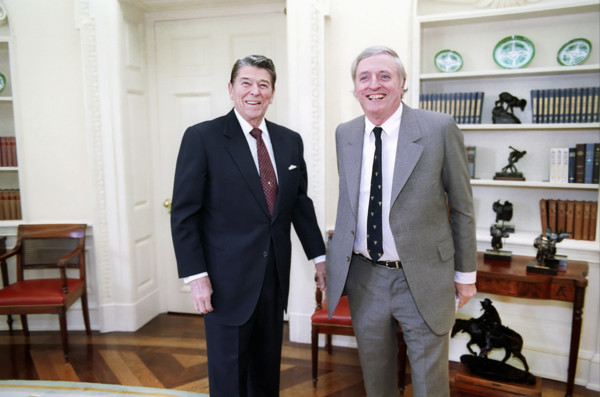 U.S. President Ronald Reagan meeting with William F Buckley in White House Oval Office, Washington,