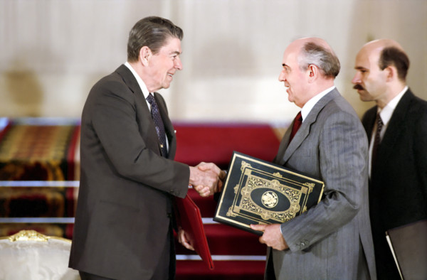 U.S. President Ronald Reagan shaking hands with Soviet General Secretary Mikhail Gorbachev at