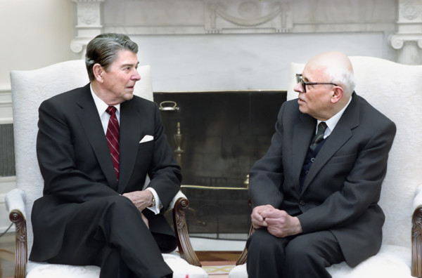 U.S. President Ronald Reagan meeting with Soviet dissident Andrei Sakharov in White House Oval
