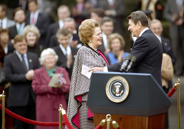 U.S. President Ronald Reagan with British Prime Minister Margaret Thatcher during Thatcher's