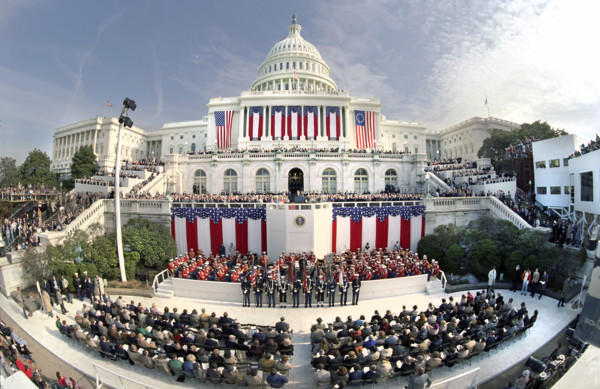 U.S. President Ronald Reagan delivering inaugural address, west side of U.S. Capitol building,