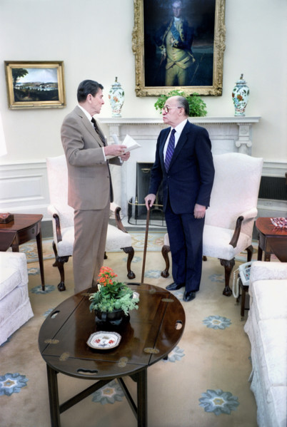U.S. President Ronald Reagan meeting with Israeli Prime Minister Menachem Begin of Israel in the
