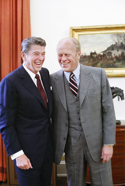 U.S. President Ronald Reagan meeting with former U.S. President Gerald Ford to discuss his upcoming