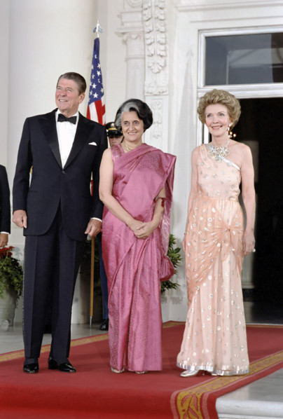 U.S. President Ronald Reagan and U.S. First Lady Nancy Reagan with Prime Minister Indira Gandhi of