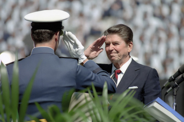 U.S. President Ronald Reagan saluting Air Force cadet at United States Air Force Academy
