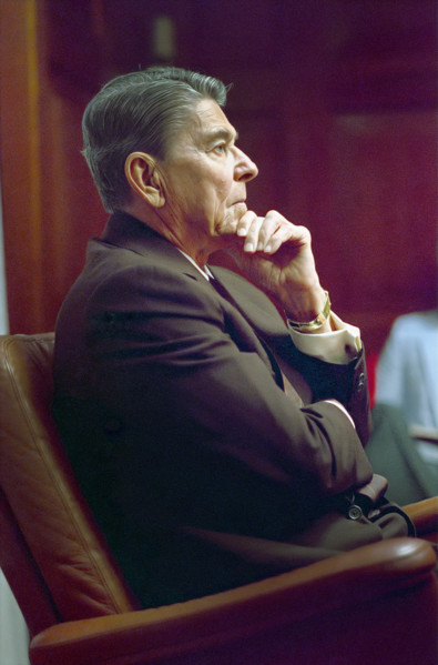 U.S. President Ronald Reagan sitting during a National Security Planning Group (NSPG) meeting in