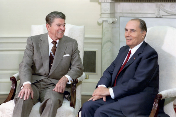 U.S. President Ronald Reagan meeting with President of France Francois Mitterrand in the White