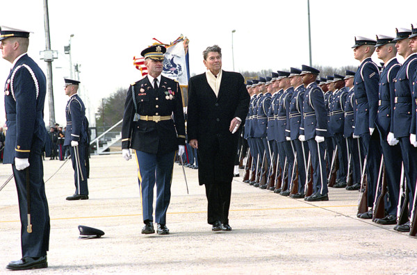 U.S. President Ronald Reagan during a departure ceremony at Andrews Air Force Base, Prince George's