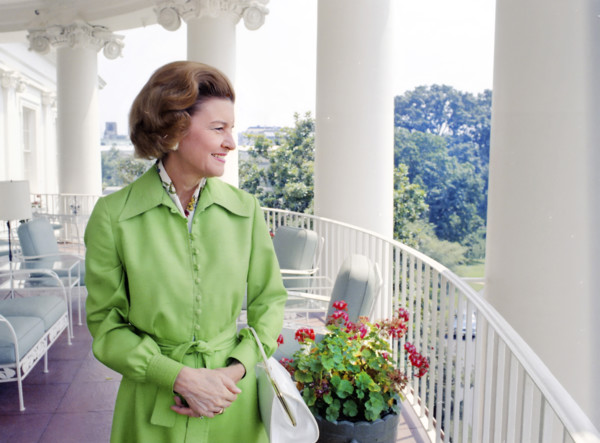 U.S. First Lady Betty Ford standing on Truman Balcony during tour of White House, Washington, D.C.,