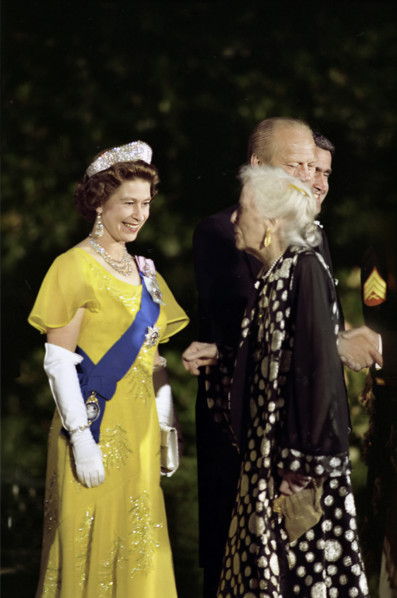 Queen Elizabeth II of Great Britain and U.S. President Gerald R. Ford greeting Alice Roosevelt