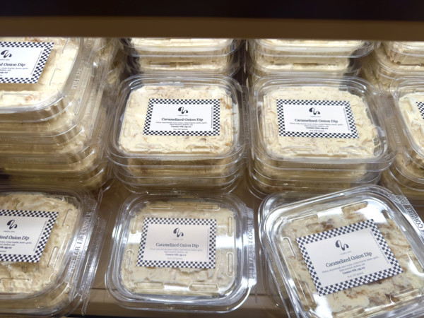 Plastic containers of caramelized onion dip on display, Meadow Lane gourmet grocer, Tribeca,
