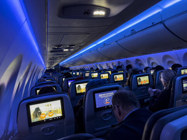 Jet Blue Airlines commercial airplane, interior view of main cabin