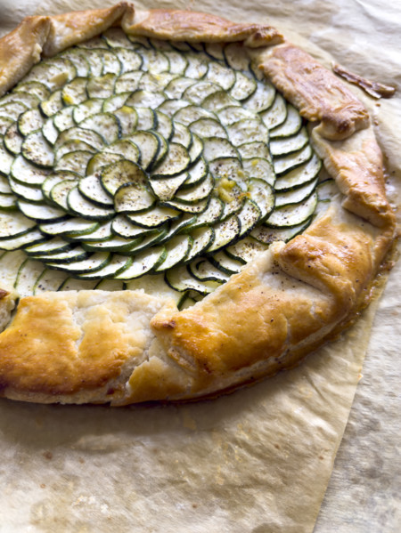 High angle view of zucchini and ricotta galette