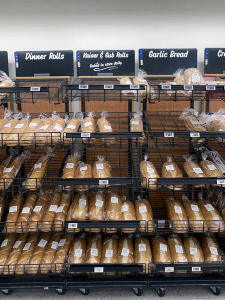 Bread display in supermarket