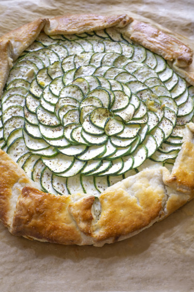 High angle view of zucchini and ricotta galette